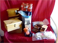 Wood toy cars, wood boxes, cook books, flatware