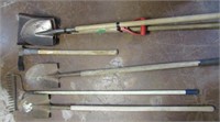 5 Older Shovels, Rake & Pick Axe