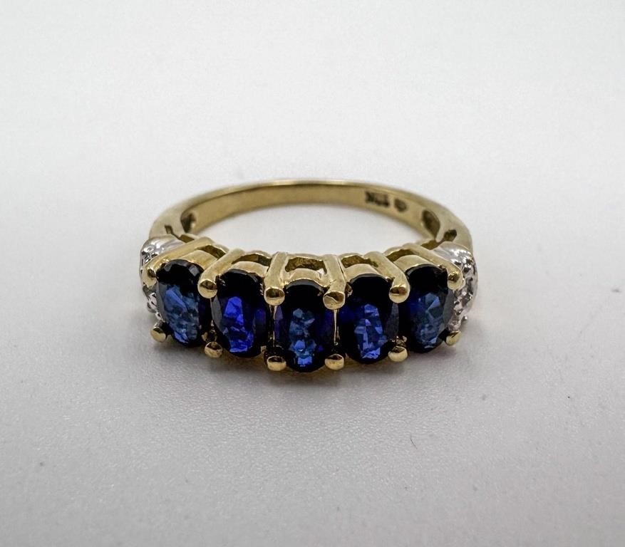 14K YELLOW GOLD BLUE SAPPHIRE & DIAMOND RING