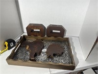 Modernist Wood Bookends, tray and burl plateaus.