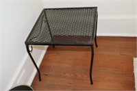 Wrought iron stand, trash can, bamboo chair on