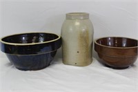 Two Antique Mixing Bowls, Salt Glaze Crock