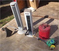 2 tower fans, gas can and string trimmer