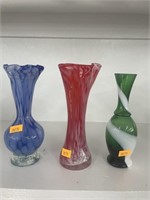 3 hand blown glass vases
