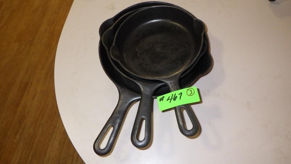 3 VINTAGE GRISWOLD CAST IRON SKILLETS No. 3, 4 & 5