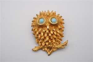 Vintage Signed Jeanne Owl Brooch with Faux