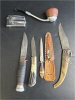 Group of 4 vintage knives, 1 lighter & 1 pipe