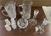 CUT GLASS PITCHERS, SALTS AND PEPPERS, BOWLS