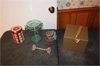Plastic jar, tin, vintage door handle, box, decor
