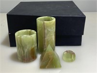 Carved onyx candle holders and more.