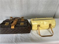 2pc Fashion Purses: Brown Tote, Yellow Barrel