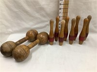 (2) Wooden “Barbells” & (8) Wooden Bowling