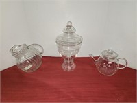 14" Candy Jar, Tilted Pitcher and Clear Teapot