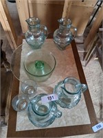 (4) Glass Pitchers, Cake Stand, & other