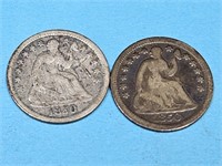 2- 1850 Seated Liberty Silver 1/2 Dimes