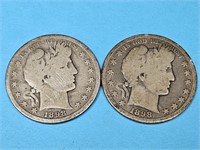 2- 1898 S Barber Silver Half Dollar Coins