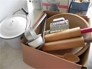 Box with Rolling Pins, Bowl, Enamelware Pot,