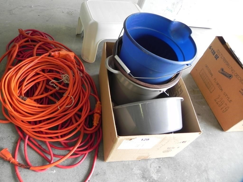 Box of Buckets, Pans, Extension Cords