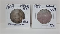 1908 and 1919 Newfoundland 50 Cent Pieces. The