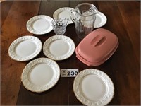 PITCHERS, TUPPERWARE, ROYAL STAFFORD PLATES