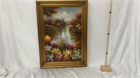 Oil Painting of Pond and Flowers