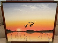 Sunset original painting of ducks signed 25 x 21