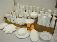 HUGE GROUP OF MILK GLASS: VASES, LACE EDGE