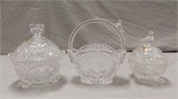 Hofbauer crystal basket & 2 lidded bowls