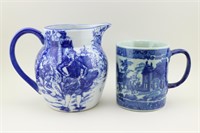 Blue & White Transferware Pitcher & Cup