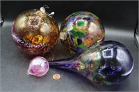 4 Hand-Blown Art Glass Iridescent Ornaments