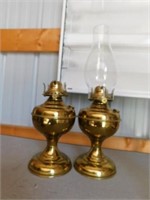 Two brass like oil lamp bases, one chimney, 17"H