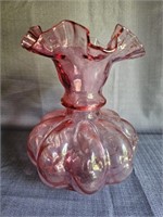 Fenton Cranberry Melon Ruffled glass vase 8"