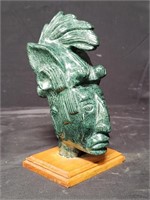 Signed marble Mayan head figure on wood base