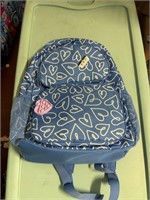 blue reg size back pack with hearts