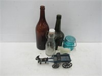 Cast Iron Goat w/Wagon + Bottles