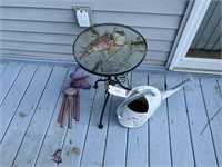 GLASS TOP DECORATIVE TABLE, WINDCHIME AND