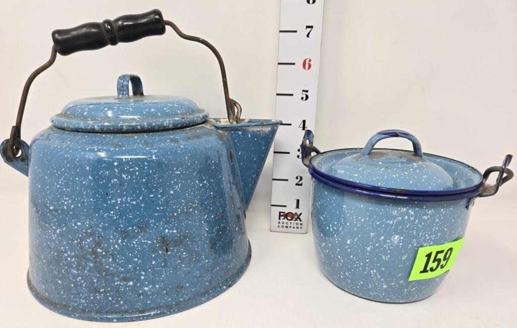 Blue Spatterware Tea Kettle & Kettle