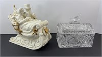 MUSIC BOX SLEIGH & COVERED CRYSTAL DISH