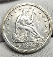 1853 A/R Liberty Seated Quarter AU58 Strong Strike