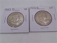(2) 1951d/52d Silver Franklin Half Dollar Coins