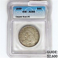 1839 Capped Bust, RE Half Dollar ICG AU58