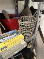 LOT OF MIXED DECOR IN RED BIN /PUZZLES MORE