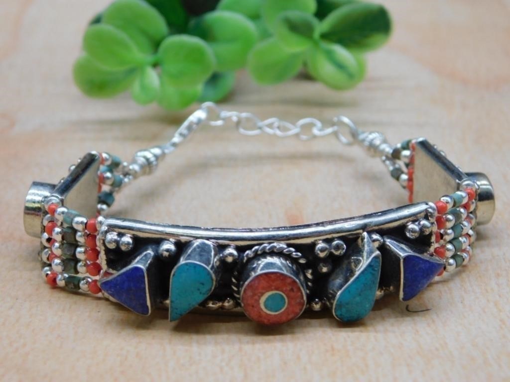 LAPIS LAZULI TURQUOISE AND RED CORAL BRACELET