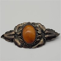 VTG SILVER TONE AMBER STONE BROOCH PIN