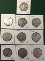 10- Silver Walking Liberty Half Dollars