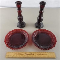 Avon Ruby Cape Cod Candle Holders & Plates