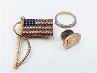 14k Tie Pin, Cz Ring & Rhinestone Flag Pin