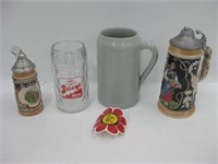 Glass & Stoneware Beer Mugs, 2 Steins & Sticker