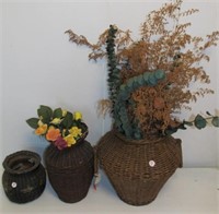 (3) Antique wicker vases. Measure 12" tall, 11"