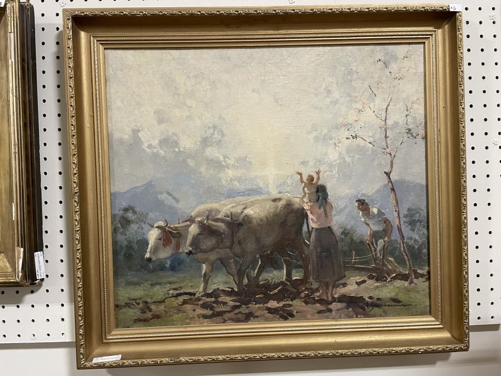 FAMILY WORKING THE FIELDS SIGNED PAINTING